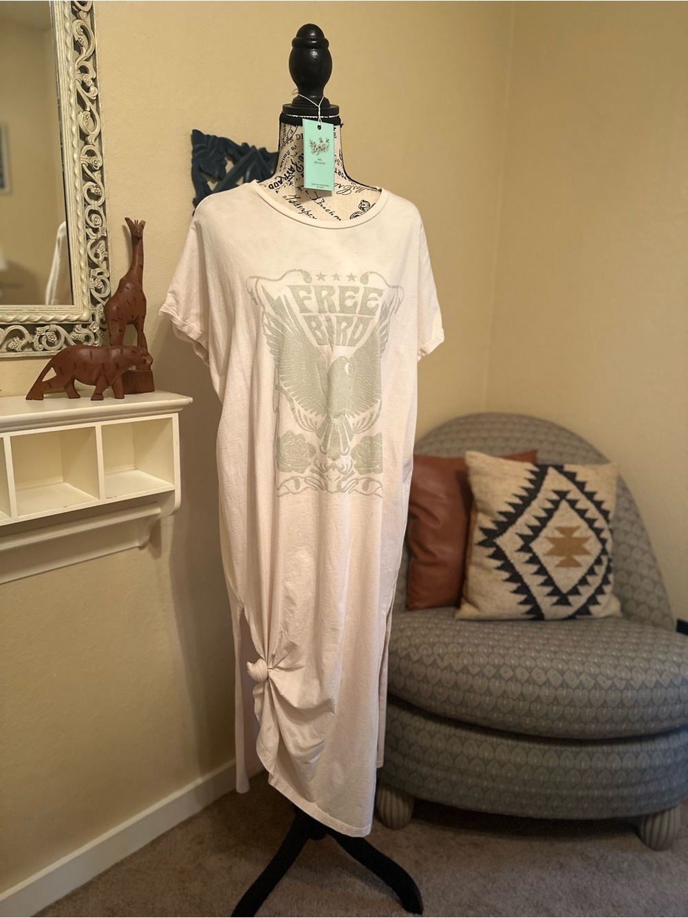 Zutter Free Bird Graphic T-shirt Dress - Tan